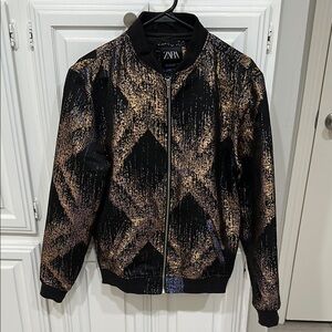 Zara Man S Black w Gold & Blue Metallic Bomber Jacket